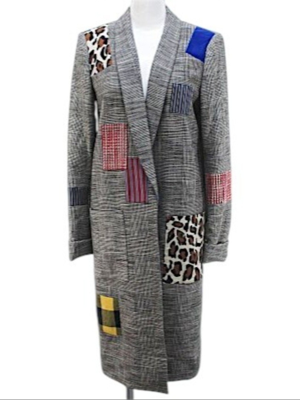 Alice+Olivia Gray Patchwork Long Coat with Multicolor Accents